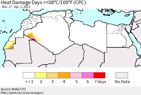 North Africa Heat Damage Days >=38°C/100°F (CPC) Thematic Map For 3/27/2023 - 4/2/2023