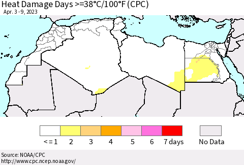 North Africa Heat Damage Days >=38°C/100°F (CPC) Thematic Map For 4/3/2023 - 4/9/2023