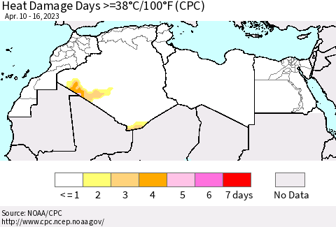 North Africa Heat Damage Days >=38°C/100°F (CPC) Thematic Map For 4/10/2023 - 4/16/2023