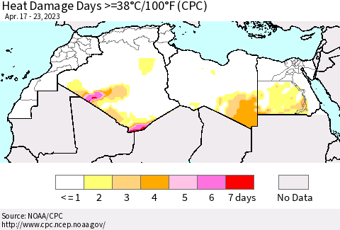 North Africa Heat Damage Days >=38°C/100°F (CPC) Thematic Map For 4/17/2023 - 4/23/2023