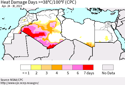 North Africa Heat Damage Days >=38°C/100°F (CPC) Thematic Map For 4/24/2023 - 4/30/2023