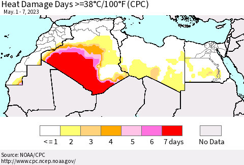 North Africa Heat Damage Days >=38°C/100°F (CPC) Thematic Map For 5/1/2023 - 5/7/2023