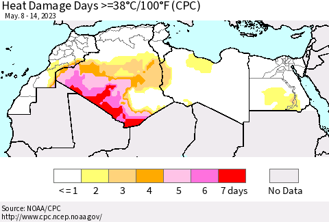 North Africa Heat Damage Days >=38°C/100°F (CPC) Thematic Map For 5/8/2023 - 5/14/2023
