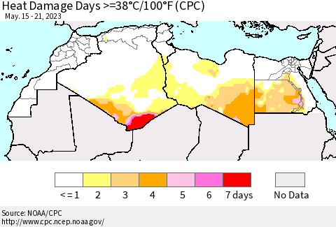 North Africa Heat Damage Days >=38°C/100°F (CPC) Thematic Map For 5/15/2023 - 5/21/2023
