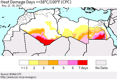 North Africa Heat Damage Days >=38°C/100°F (CPC) Thematic Map For 5/22/2023 - 5/28/2023