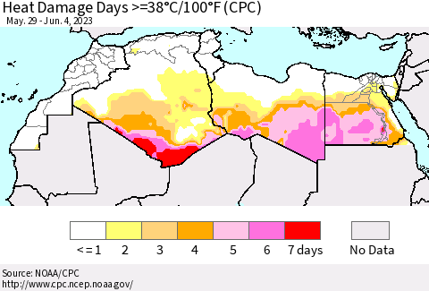 North Africa Heat Damage Days >=38°C/100°F (CPC) Thematic Map For 5/29/2023 - 6/4/2023