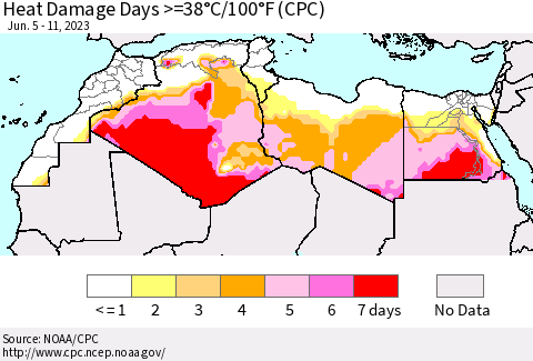 North Africa Heat Damage Days >=38°C/100°F (CPC) Thematic Map For 6/5/2023 - 6/11/2023