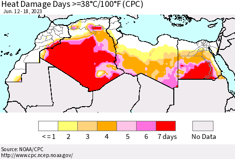 North Africa Heat Damage Days >=38°C/100°F (CPC) Thematic Map For 6/12/2023 - 6/18/2023