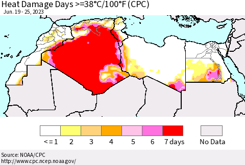 North Africa Heat Damage Days >=38°C/100°F (CPC) Thematic Map For 6/19/2023 - 6/25/2023