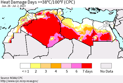 North Africa Heat Damage Days >=38°C/100°F (CPC) Thematic Map For 6/26/2023 - 7/2/2023