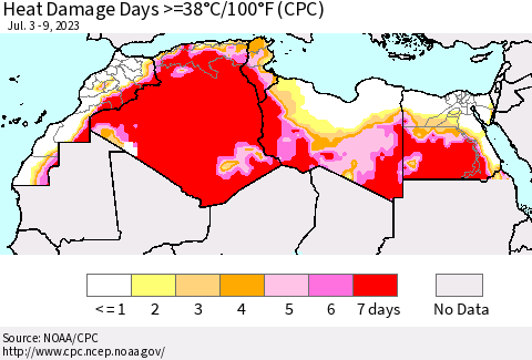 North Africa Heat Damage Days >=38°C/100°F (CPC) Thematic Map For 7/3/2023 - 7/9/2023