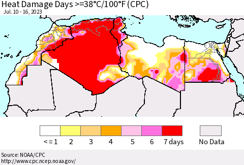 North Africa Heat Damage Days >=38°C/100°F (CPC) Thematic Map For 7/10/2023 - 7/16/2023
