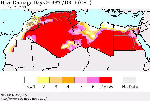 North Africa Heat Damage Days >=38°C/100°F (CPC) Thematic Map For 7/17/2023 - 7/23/2023
