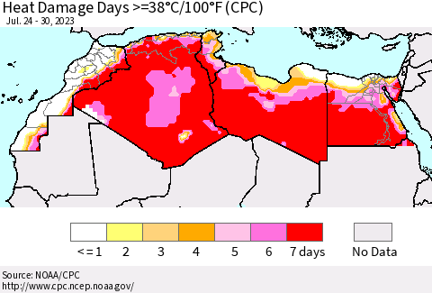 North Africa Heat Damage Days >=38°C/100°F (CPC) Thematic Map For 7/24/2023 - 7/30/2023