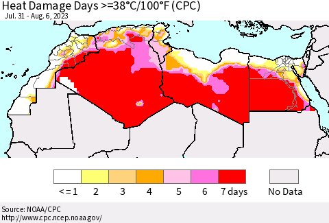 North Africa Heat Damage Days >=38°C/100°F (CPC) Thematic Map For 7/31/2023 - 8/6/2023