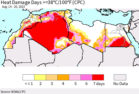 North Africa Heat Damage Days >=38°C/100°F (CPC) Thematic Map For 8/14/2023 - 8/20/2023