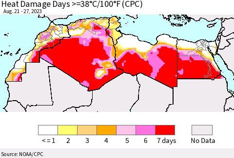 North Africa Heat Damage Days >=38°C/100°F (CPC) Thematic Map For 8/21/2023 - 8/27/2023