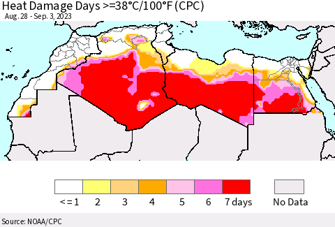 North Africa Heat Damage Days >=38°C/100°F (CPC) Thematic Map For 8/28/2023 - 9/3/2023