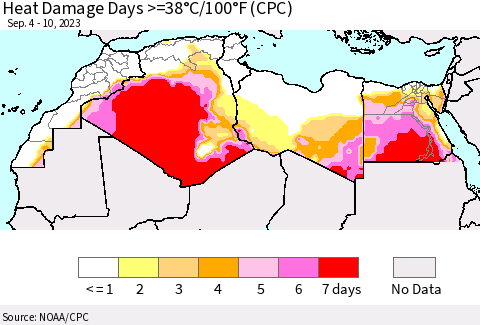 North Africa Heat Damage Days >=38°C/100°F (CPC) Thematic Map For 9/4/2023 - 9/10/2023