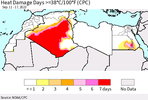 North Africa Heat Damage Days >=38°C/100°F (CPC) Thematic Map For 9/11/2023 - 9/17/2023