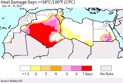North Africa Heat Damage Days >=38°C/100°F (CPC) Thematic Map For 9/18/2023 - 9/24/2023