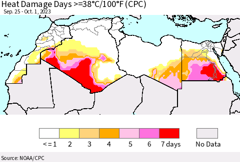 North Africa Heat Damage Days >=38°C/100°F (CPC) Thematic Map For 9/25/2023 - 10/1/2023
