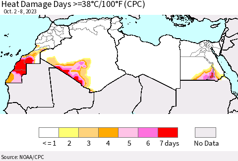 North Africa Heat Damage Days >=38°C/100°F (CPC) Thematic Map For 10/2/2023 - 10/8/2023