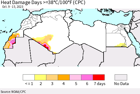 North Africa Heat Damage Days >=38°C/100°F (CPC) Thematic Map For 10/9/2023 - 10/15/2023
