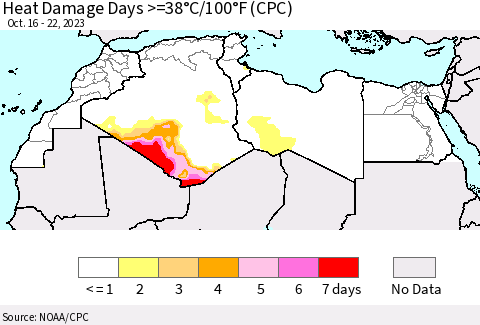 North Africa Heat Damage Days >=38°C/100°F (CPC) Thematic Map For 10/16/2023 - 10/22/2023