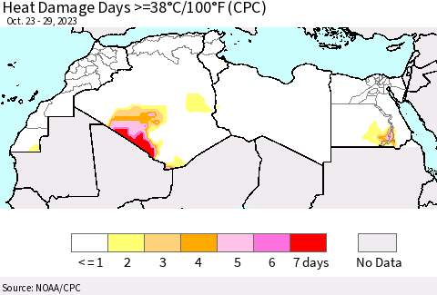 North Africa Heat Damage Days >=38°C/100°F (CPC) Thematic Map For 10/23/2023 - 10/29/2023