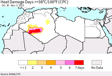 North Africa Heat Damage Days >=38°C/100°F (CPC) Thematic Map For 10/30/2023 - 11/5/2023