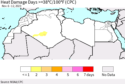 North Africa Heat Damage Days >=38°C/100°F (CPC) Thematic Map For 11/6/2023 - 11/12/2023