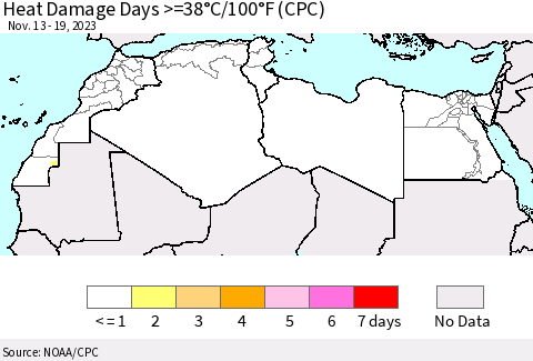 North Africa Heat Damage Days >=38°C/100°F (CPC) Thematic Map For 11/13/2023 - 11/19/2023