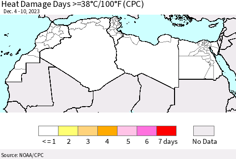 North Africa Heat Damage Days >=38°C/100°F (CPC) Thematic Map For 12/4/2023 - 12/10/2023
