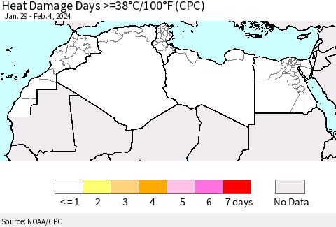 North Africa Heat Damage Days >=38°C/100°F (CPC) Thematic Map For 1/29/2024 - 2/4/2024