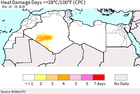 North Africa Heat Damage Days >=38°C/100°F (CPC) Thematic Map For 3/18/2024 - 3/24/2024