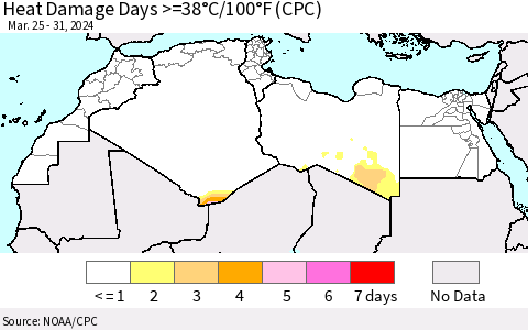 North Africa Heat Damage Days >=38°C/100°F (CPC) Thematic Map For 3/25/2024 - 3/31/2024