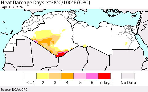 North Africa Heat Damage Days >=38°C/100°F (CPC) Thematic Map For 4/1/2024 - 4/7/2024