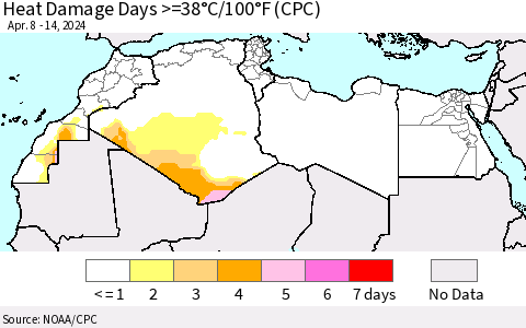 North Africa Heat Damage Days >=38°C/100°F (CPC) Thematic Map For 4/8/2024 - 4/14/2024