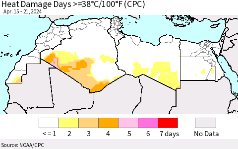 North Africa Heat Damage Days >=38°C/100°F (CPC) Thematic Map For 4/15/2024 - 4/21/2024
