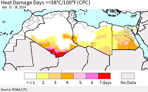 North Africa Heat Damage Days >=38°C/100°F (CPC) Thematic Map For 4/22/2024 - 4/28/2024