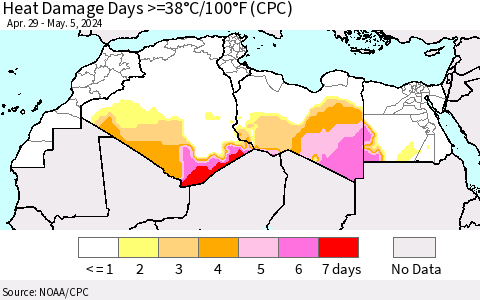 North Africa Heat Damage Days >=38°C/100°F (CPC) Thematic Map For 4/29/2024 - 5/5/2024