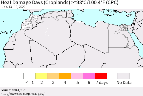 North Africa Heat Damage Days (Croplands) >=38°C/100°F (CPC) Thematic Map For 1/13/2020 - 1/19/2020