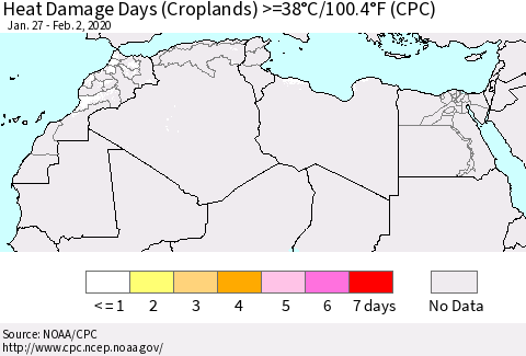 North Africa Heat Damage Days (Croplands) >=38°C/100°F (CPC) Thematic Map For 1/27/2020 - 2/2/2020
