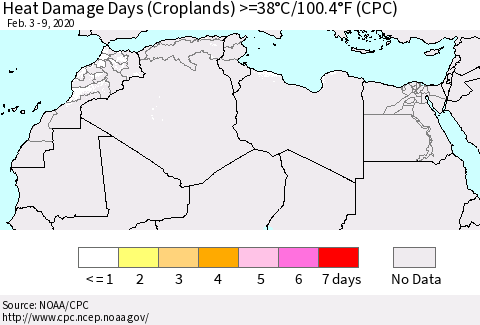 North Africa Heat Damage Days (Croplands) >=38°C/100°F (CPC) Thematic Map For 2/3/2020 - 2/9/2020