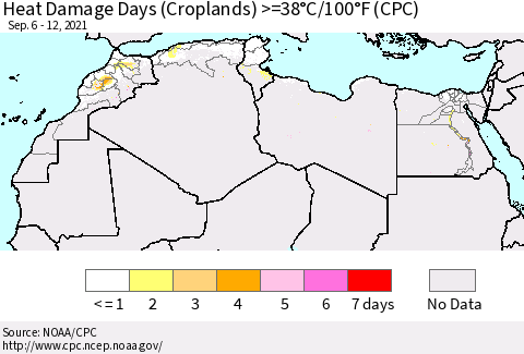 North Africa Heat Damage Days (Croplands) >=38°C/100°F (CPC) Thematic Map For 9/6/2021 - 9/12/2021