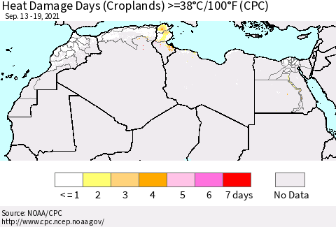 North Africa Heat Damage Days (Croplands) >=38°C/100°F (CPC) Thematic Map For 9/13/2021 - 9/19/2021