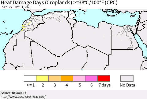 North Africa Heat Damage Days (Croplands) >=38°C/100°F (CPC) Thematic Map For 9/27/2021 - 10/3/2021