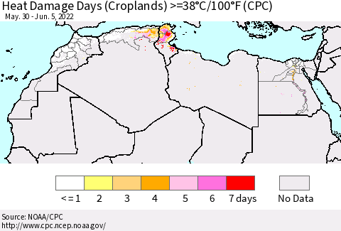 North Africa Heat Damage Days (Croplands) >=38°C/100°F (CPC) Thematic Map For 5/30/2022 - 6/5/2022