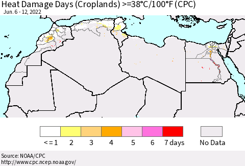 North Africa Heat Damage Days (Croplands) >=38°C/100°F (CPC) Thematic Map For 6/6/2022 - 6/12/2022